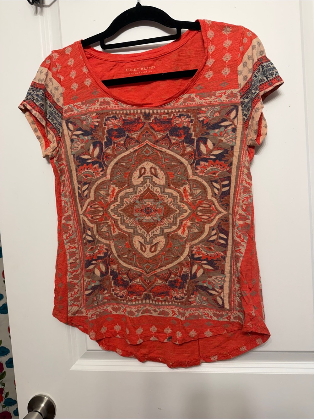 Lucky Brand Red-Orange Printed Scoop Neck Tee